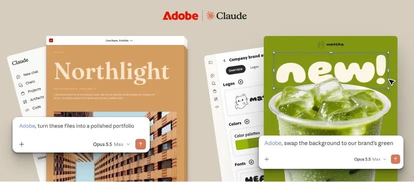 Plugin da Adobe no Claude editando uma peça de divulgação em camadas