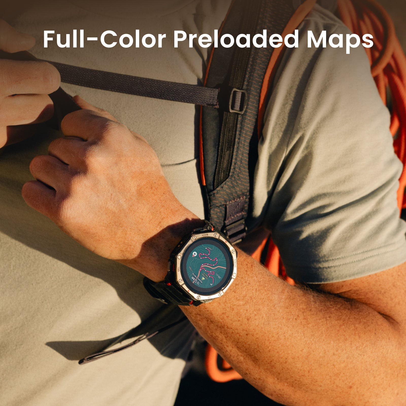 Amazfit T-Rex Dual Solar apoiado numa pedra com montanhas ao fundo
