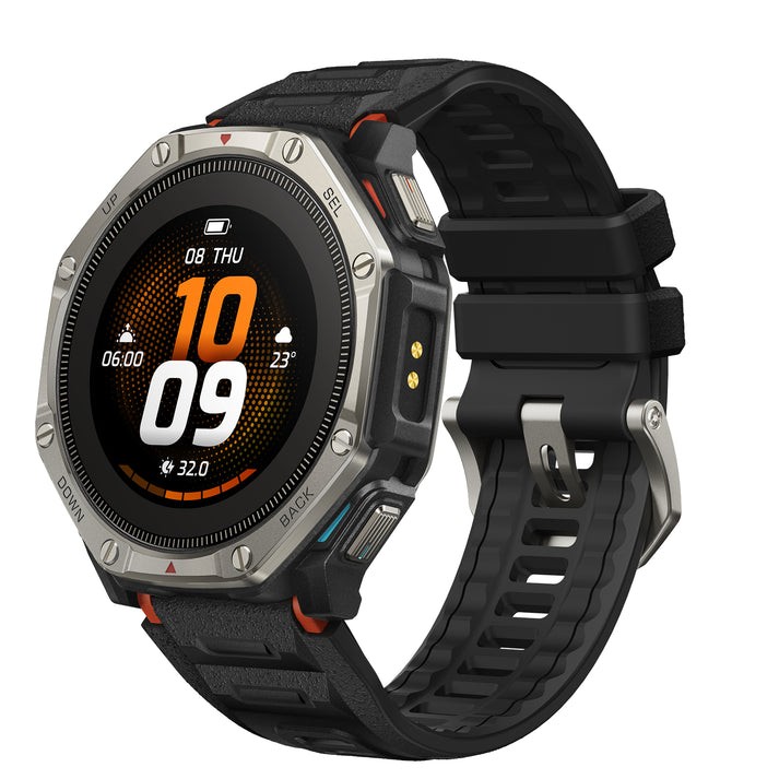 Amazfit T-Rex Dual Solar de frente, com pulseira preta