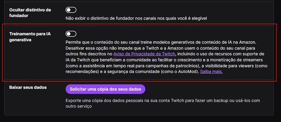 Configurações de treinamento de IA na Twitch