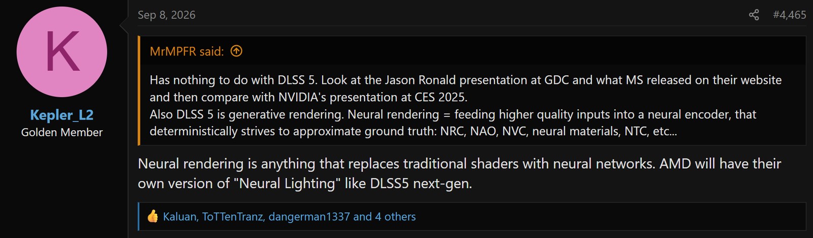Post do leaker Kepler_L2 no fórum AnandTech citando o Neural Lighting da AMD