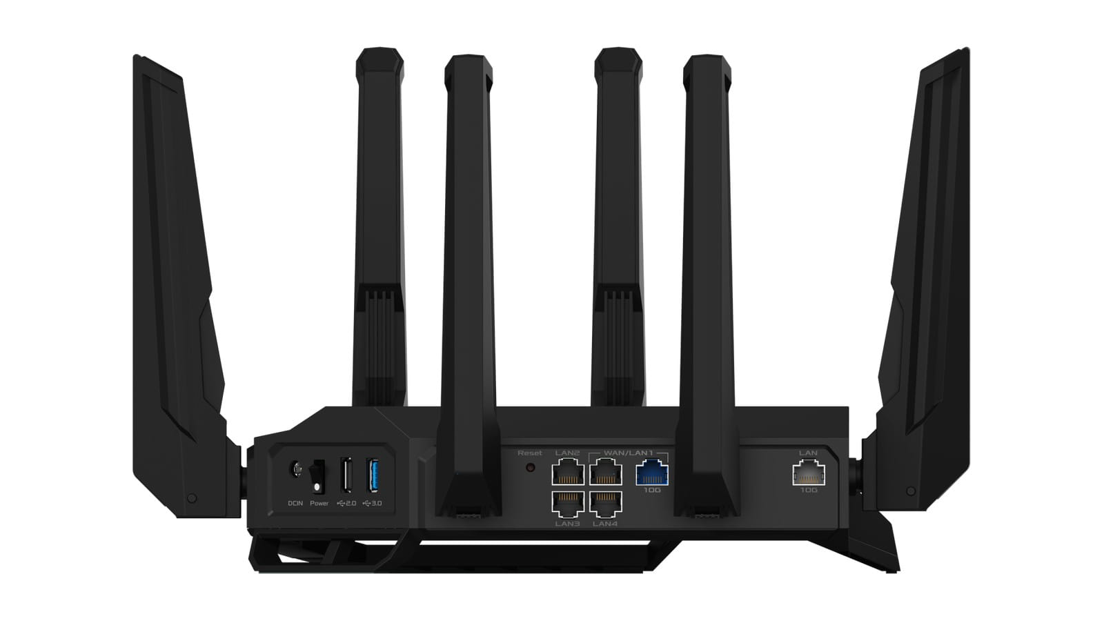 Traseira do roteador ASUS RT-BE96U com portas de rede e USB