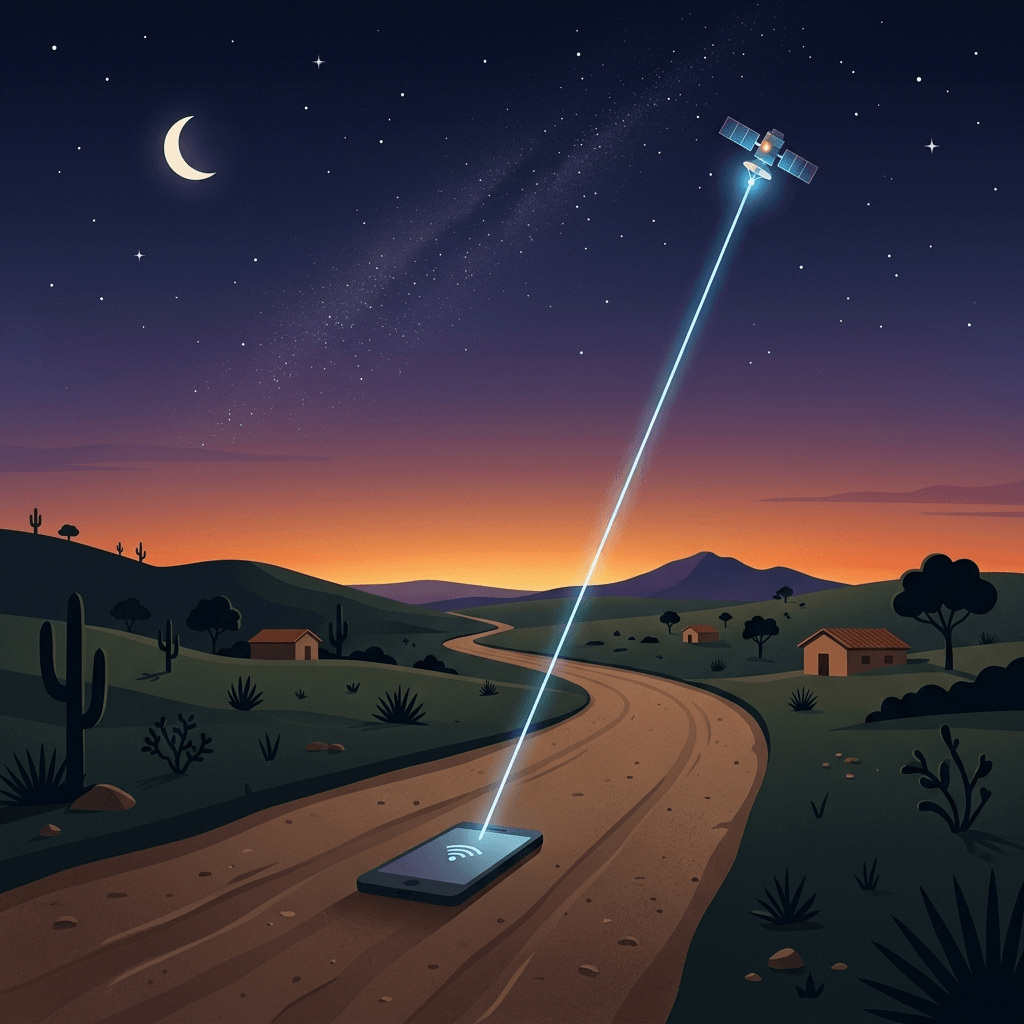 Ilustração conceitual de um celular em estrada de terra se conectando a um satélite