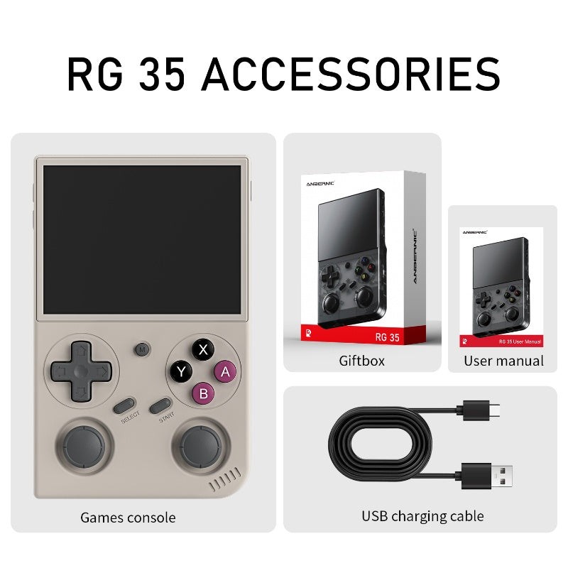 Conteúdo da caixa do Anbernic RG 35: console, caixa, manual e cabo USB de carregamento