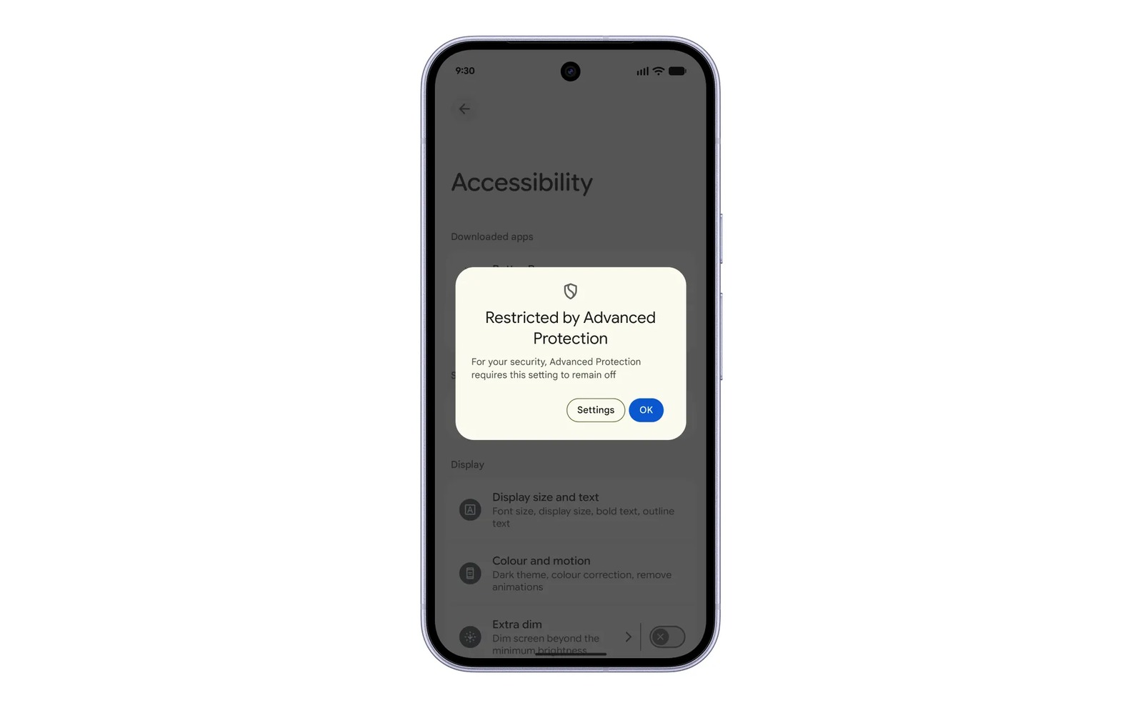 Tela do Android 17 avisando que a acessibilidade foi restringida pela Proteção Avançada