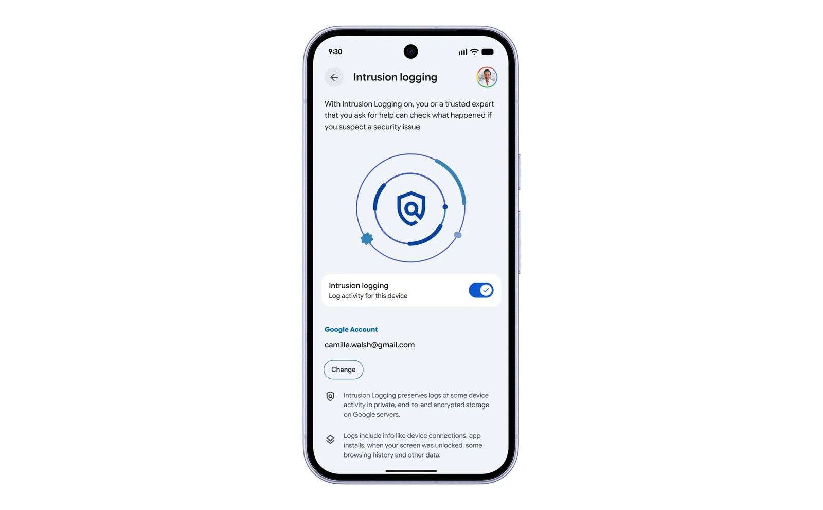 Tela de configuração do registro de invasões no Android 17