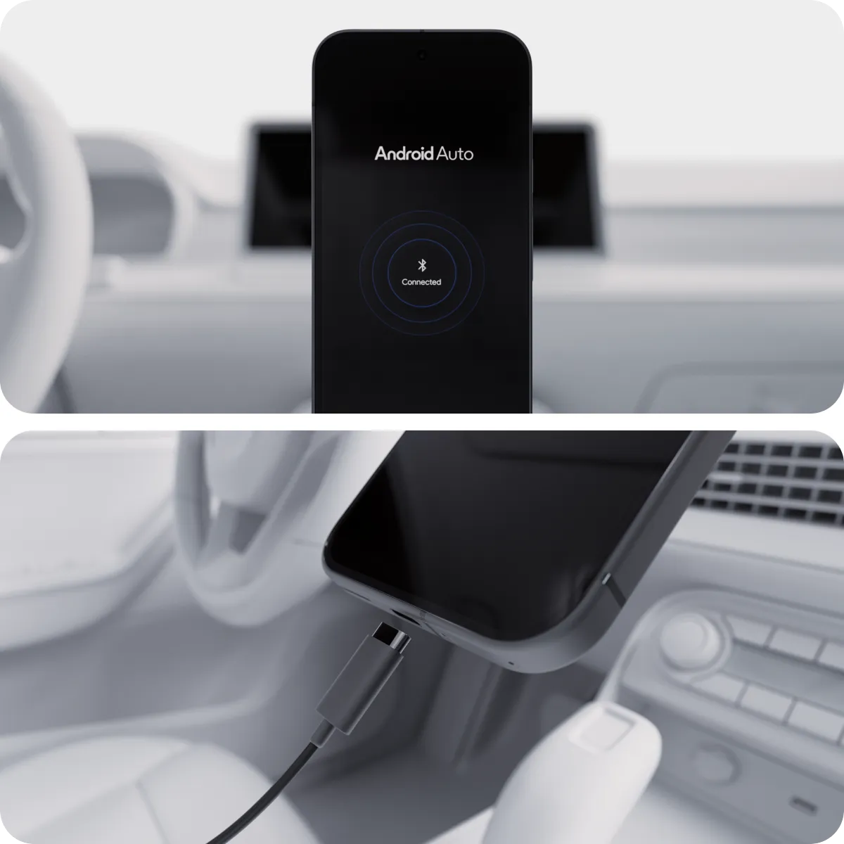 Celular conectado ao Android Auto por Bluetooth e por cabo USB dentro de um carro