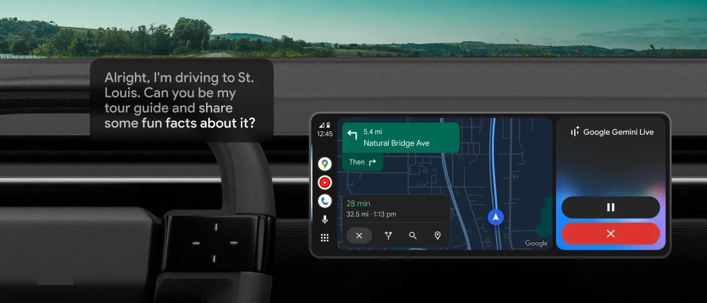 Interface do Google Maps rodando no Android Auto com Gemini Live ativo