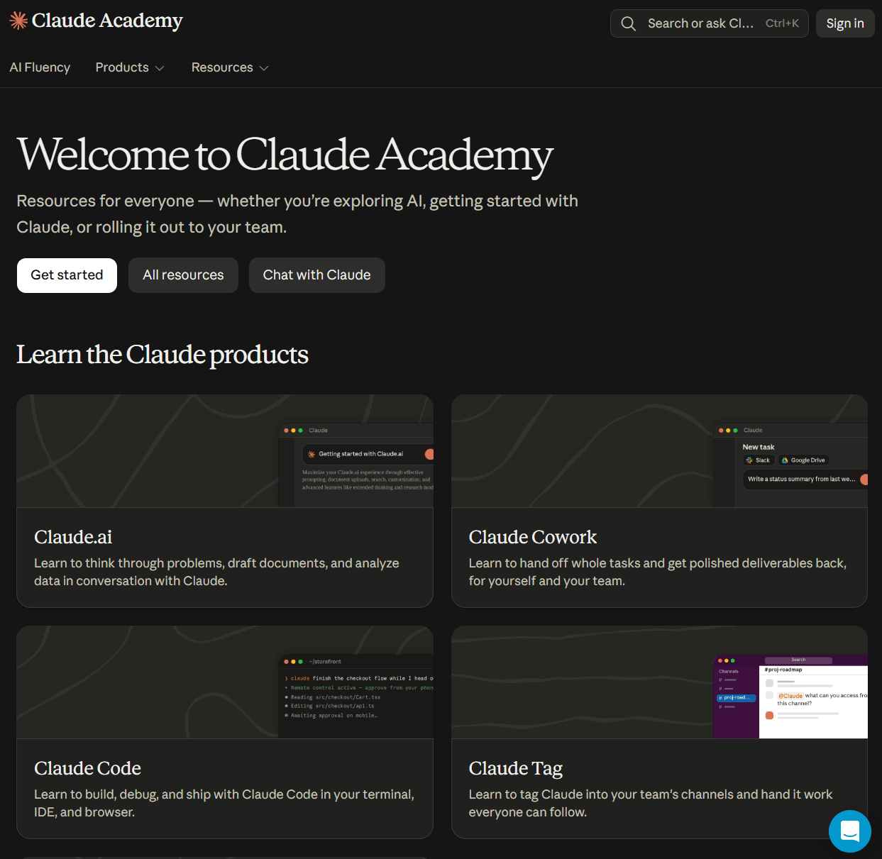 Página inicial da Claude Academy, com as trilhas por produto