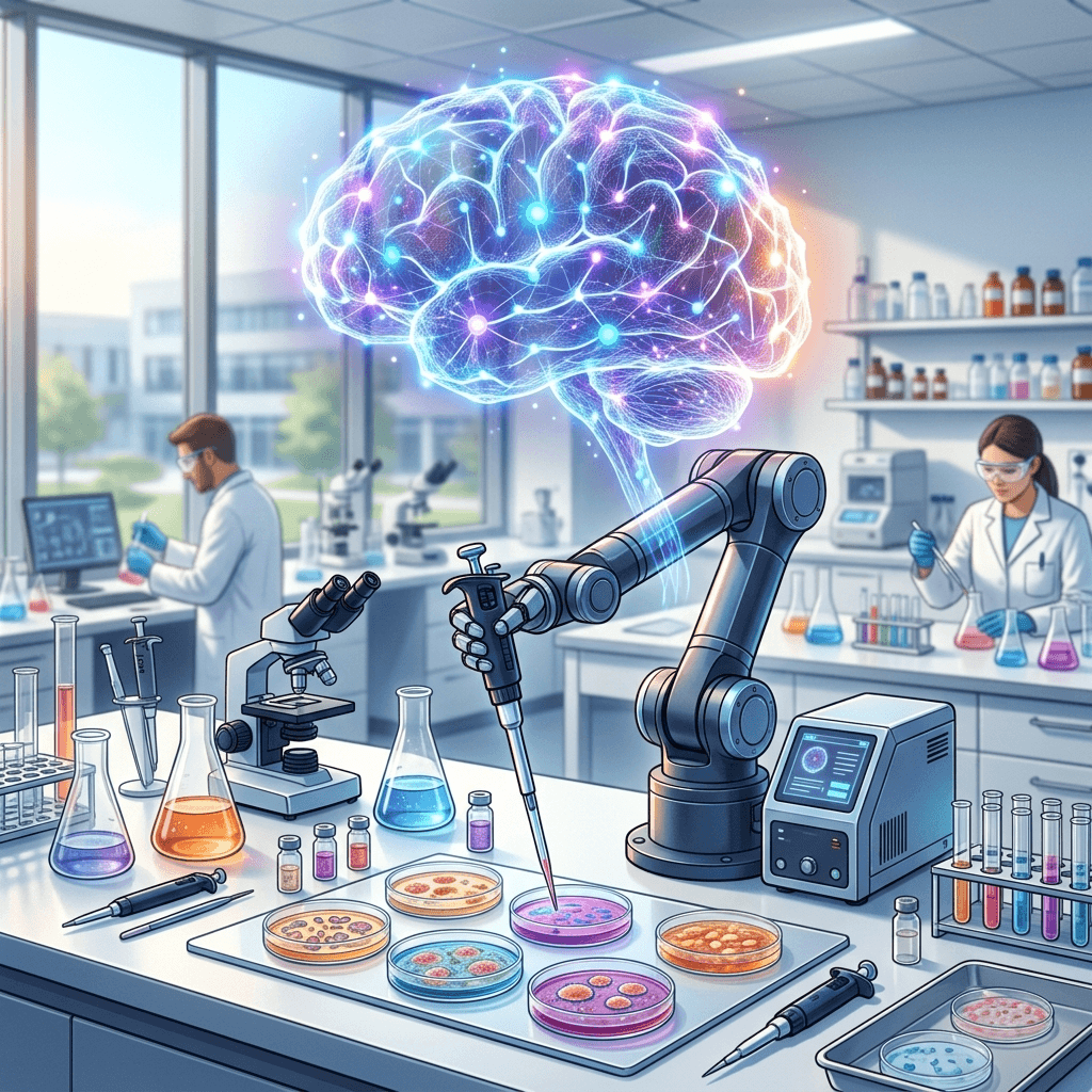 Ilustração conceitual de um braço robótico em uma bancada de laboratório com uma rede neural holográfica