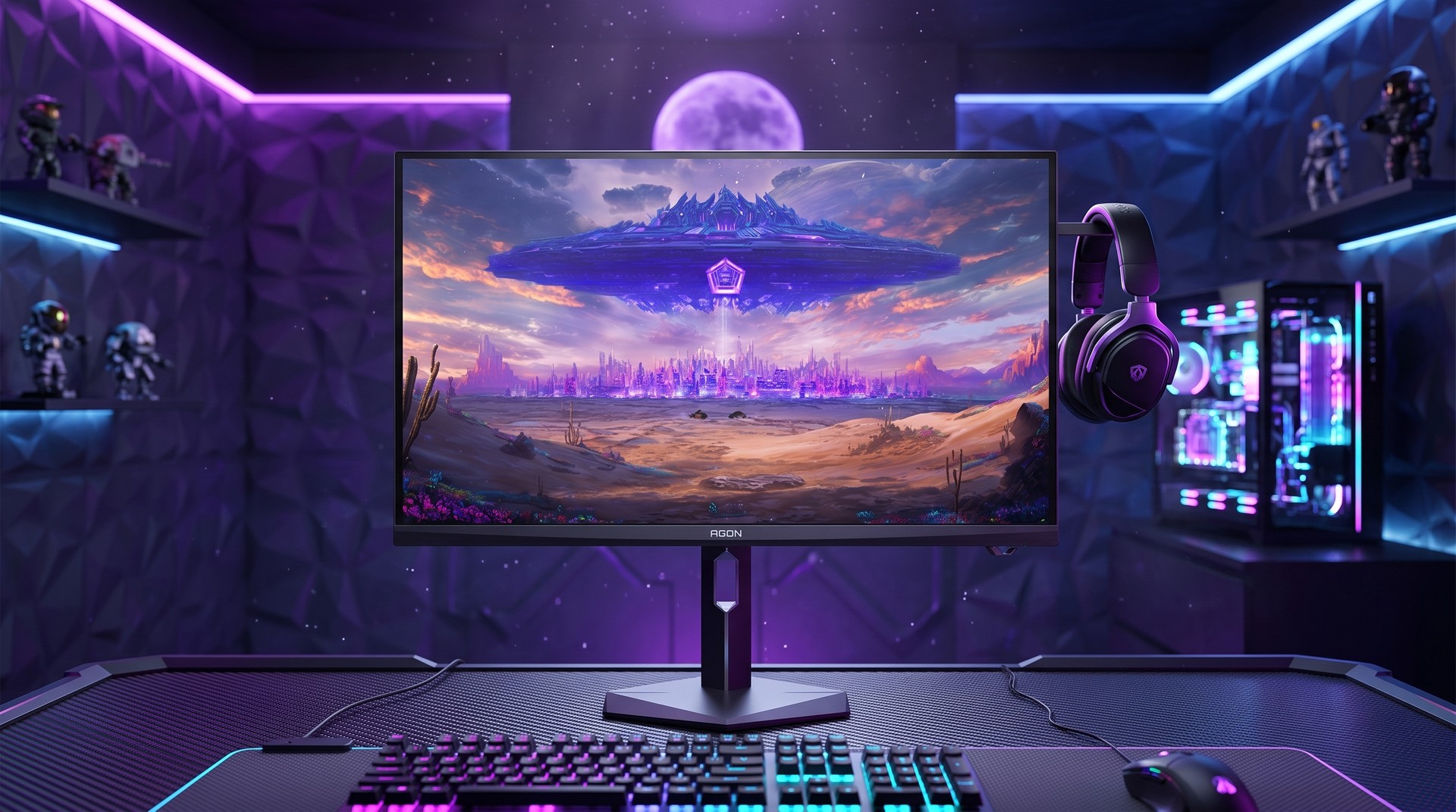Monitor AOC AGON Ultra AGP277KXM em uma mesa de jogos