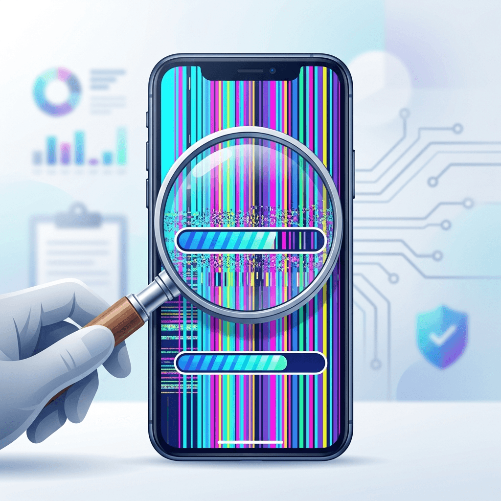 Ilustração conceitual de um smartphone com a tela cheia de linhas coloridas sendo inspecionado com uma lupa