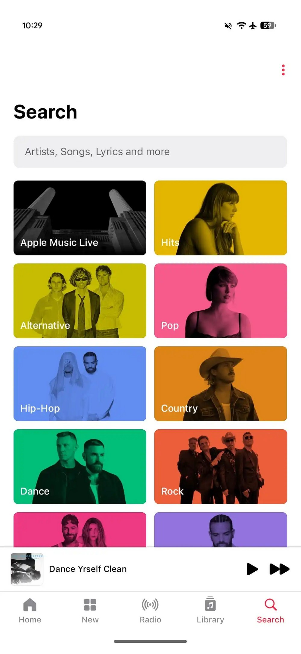 Aba de busca do Apple Music com categorias em blocos coloridos