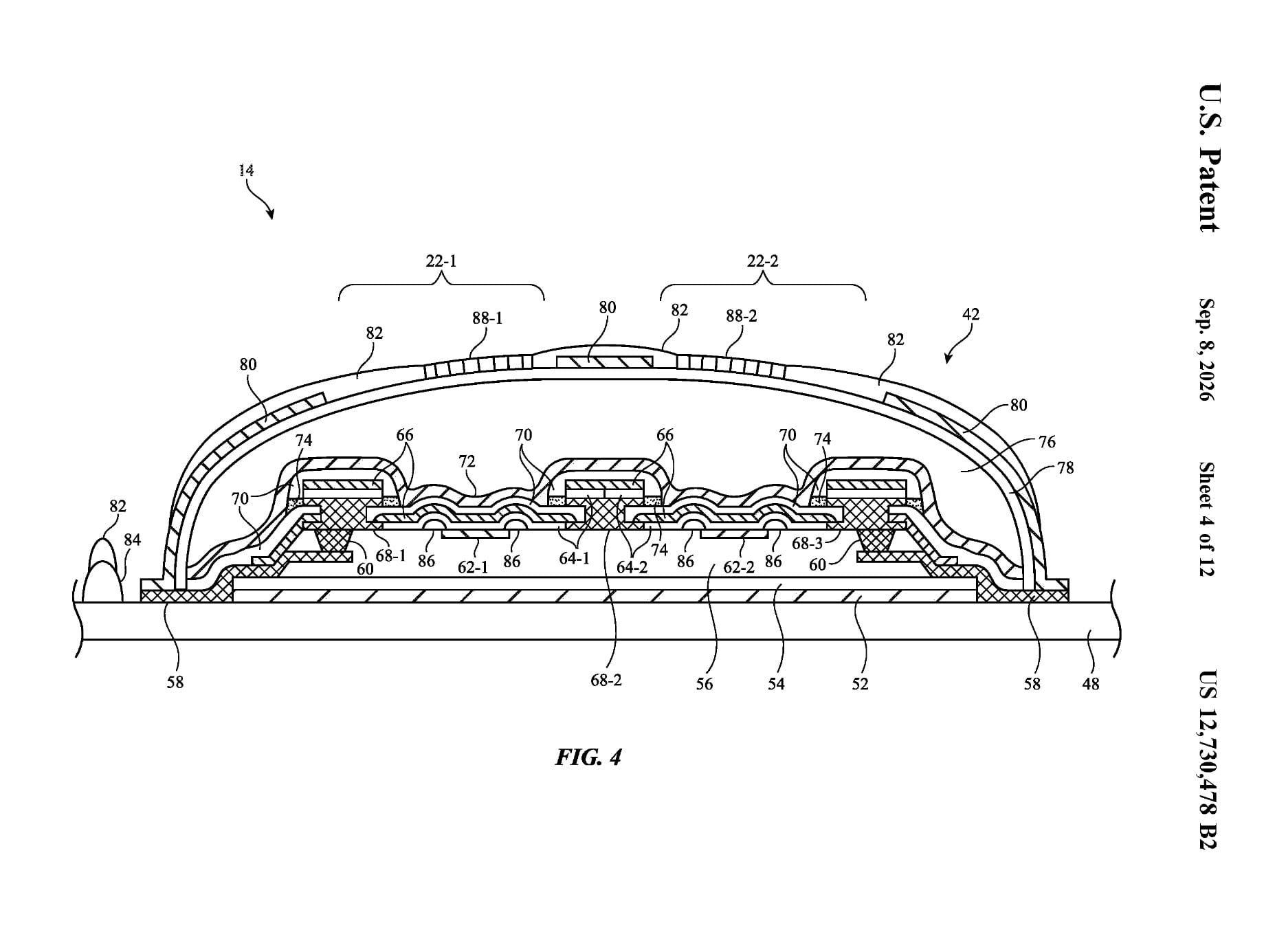 Desenho da patente da Apple mostrando o corte transversal de um display flexível com pixels encapsulados
