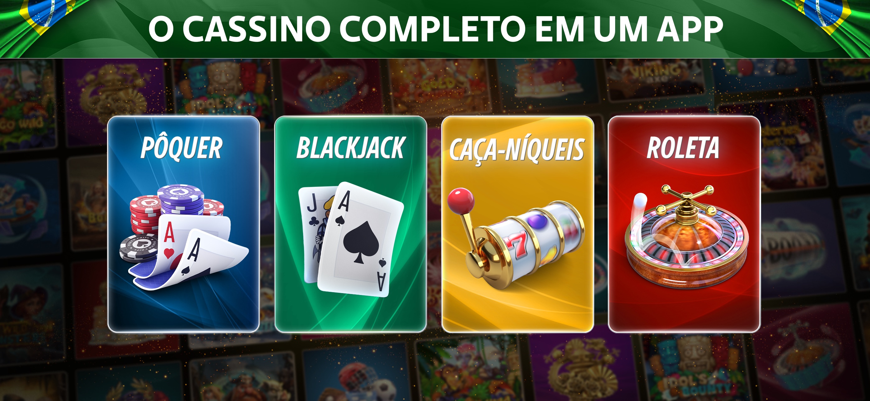 Tela do aplicativo com os jogos de pôquer, blackjack, caça-níqueis e roleta