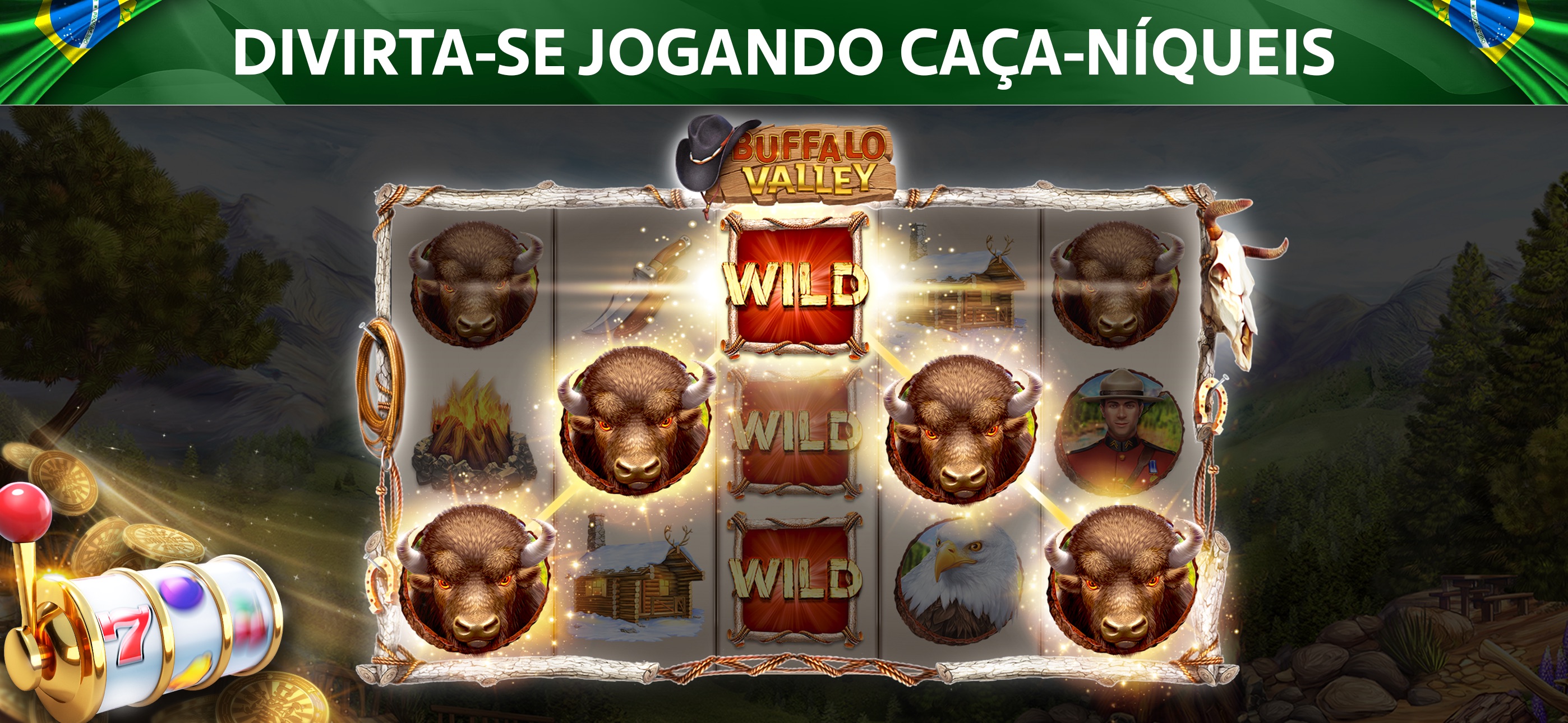 Tela de caça-níqueis do app, com rolos e símbolos de búfalo