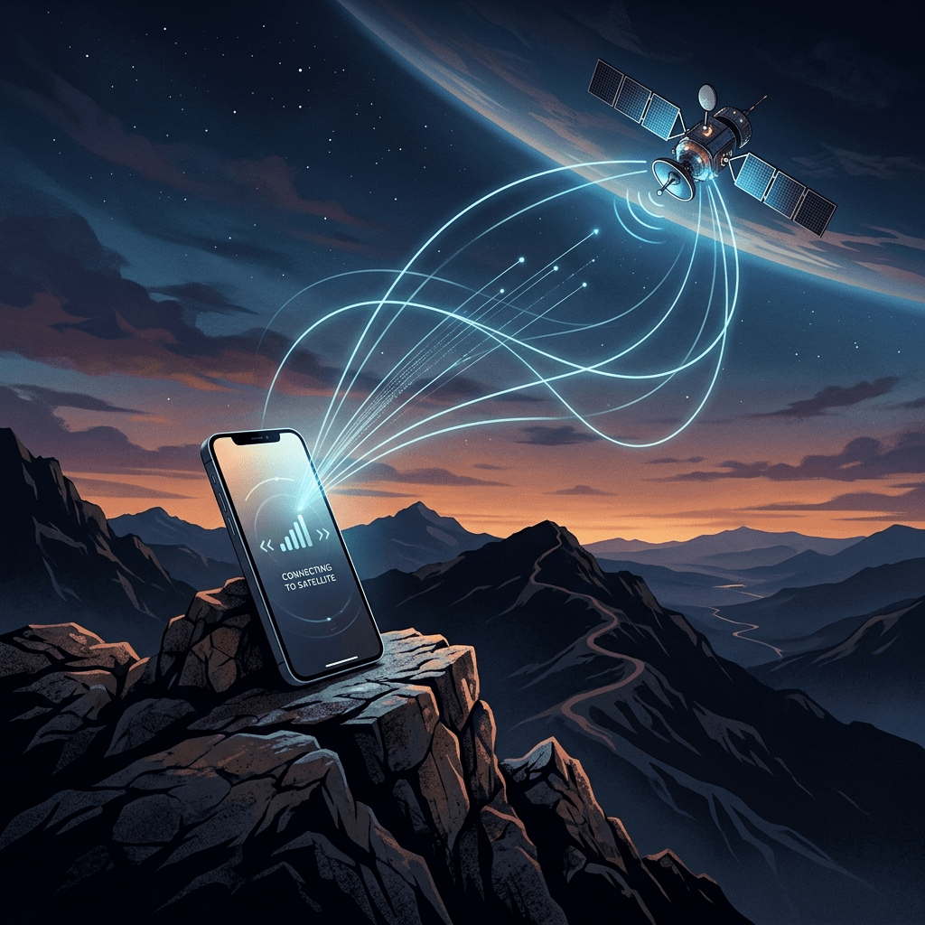 Ilustração de um celular no alto de uma montanha conectado a um satélite em órbita
