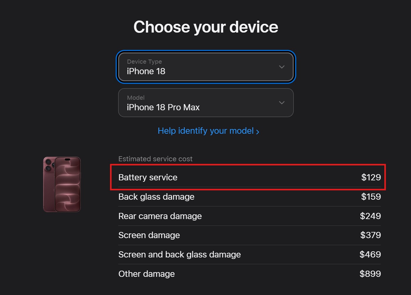 Tabela de custos de serviço do iPhone 18 Pro Max, com a troca de bateria a US$ 129