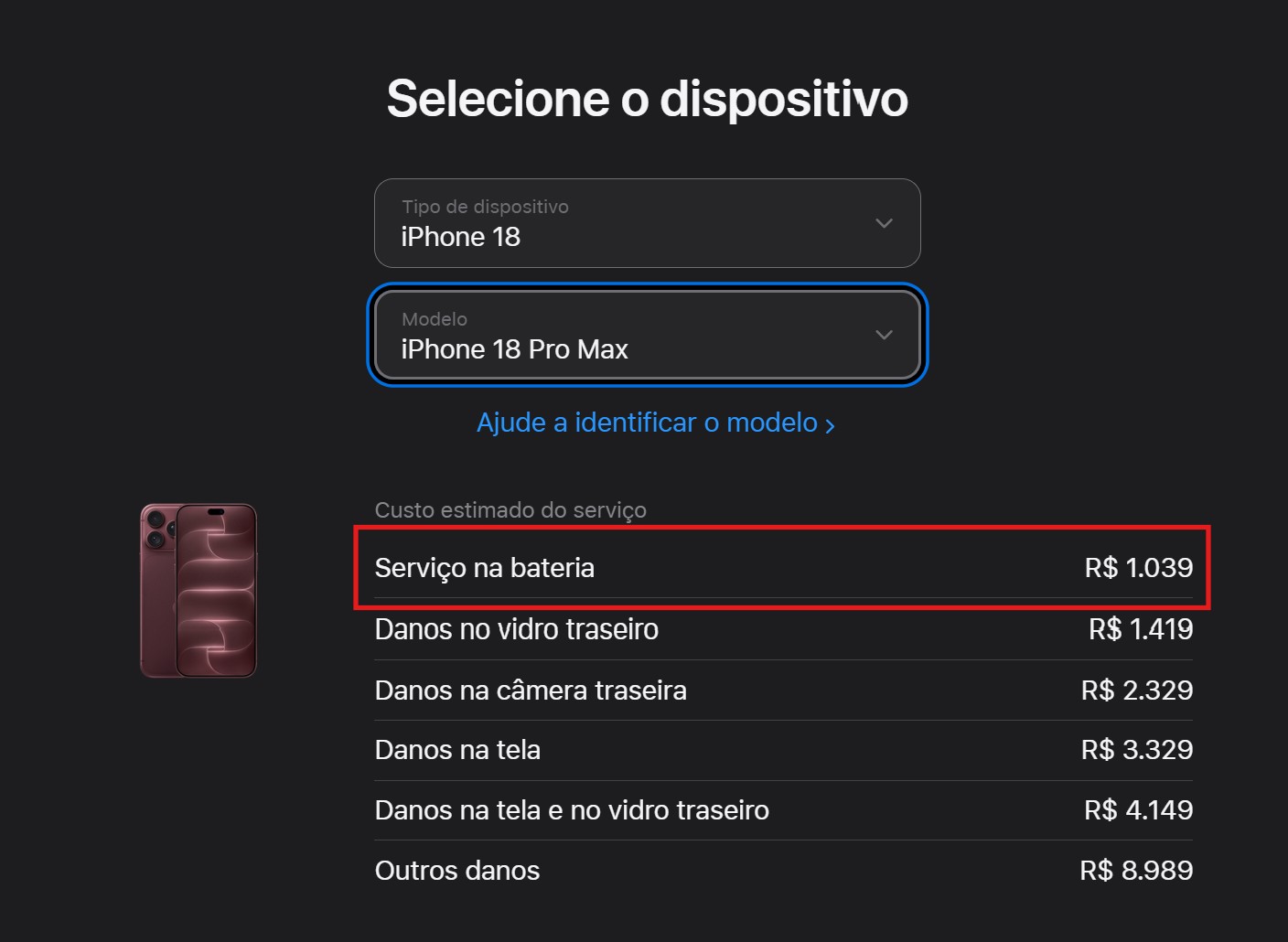 Tabela de custos de serviço do iPhone 18 Pro no Brasil, com a bateria a R$ 1.039
