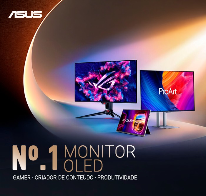 Arte de divulgação da ASUS com monitores OLED das linhas ROG e ProArt