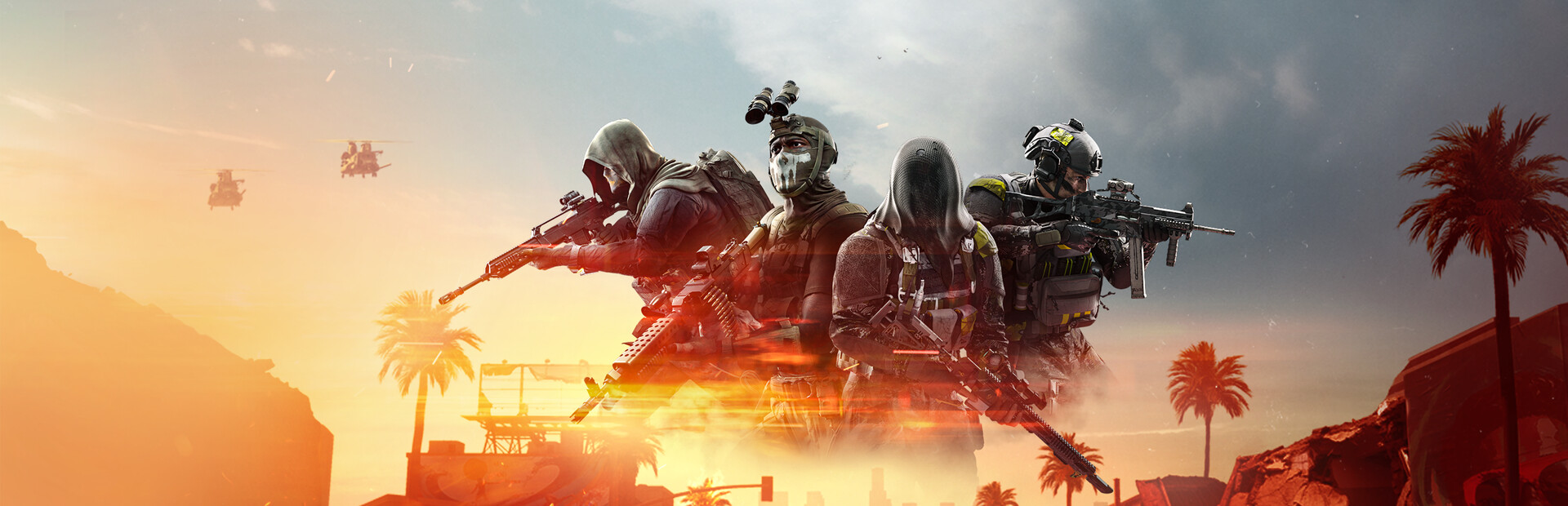 Arte de Battlefield 6 com esquadrão de soldados ao pôr do sol