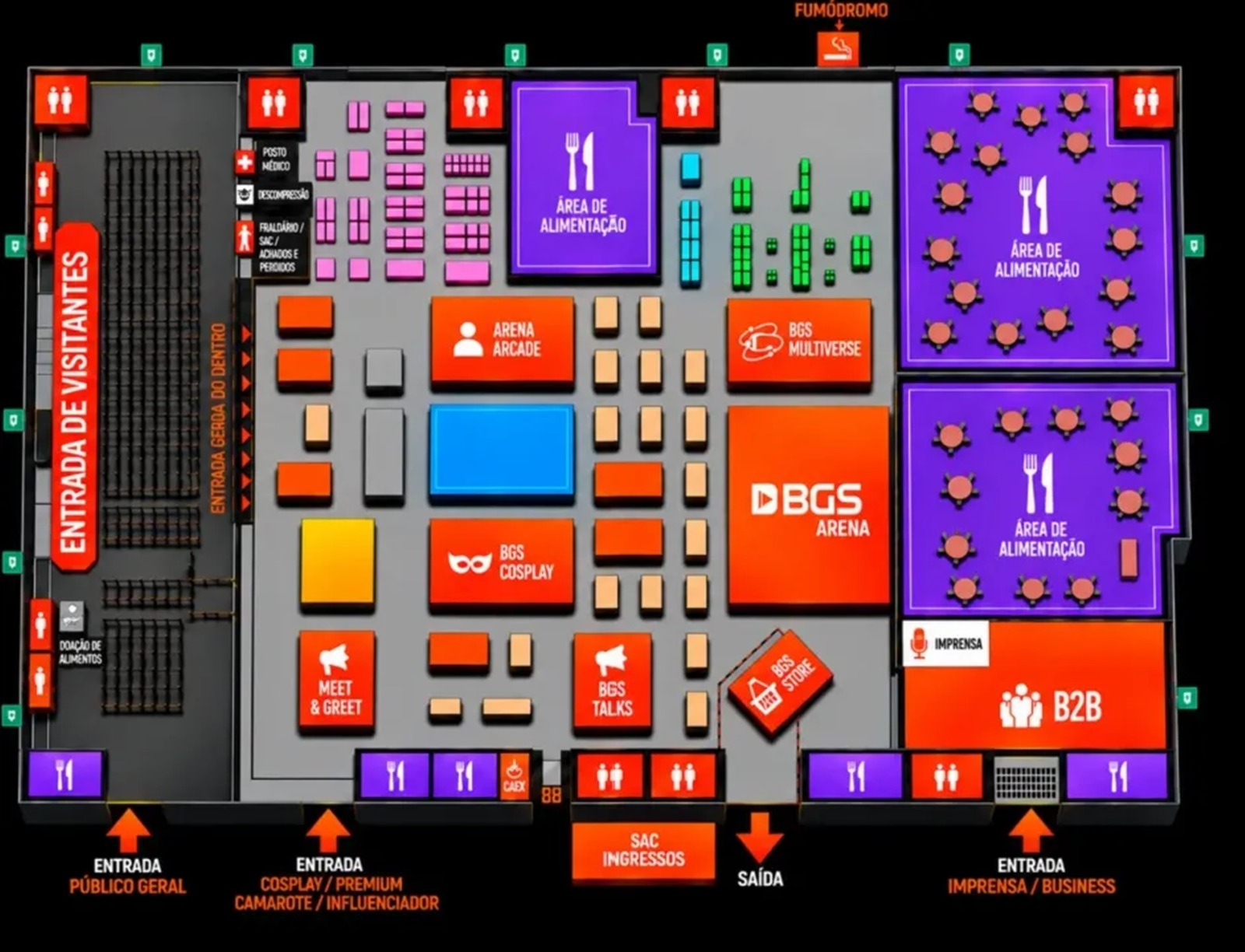 Mapa do pavilhão da BGS 2026 no Distrito Anhembi, com as áreas de alimentação marcadas em roxo