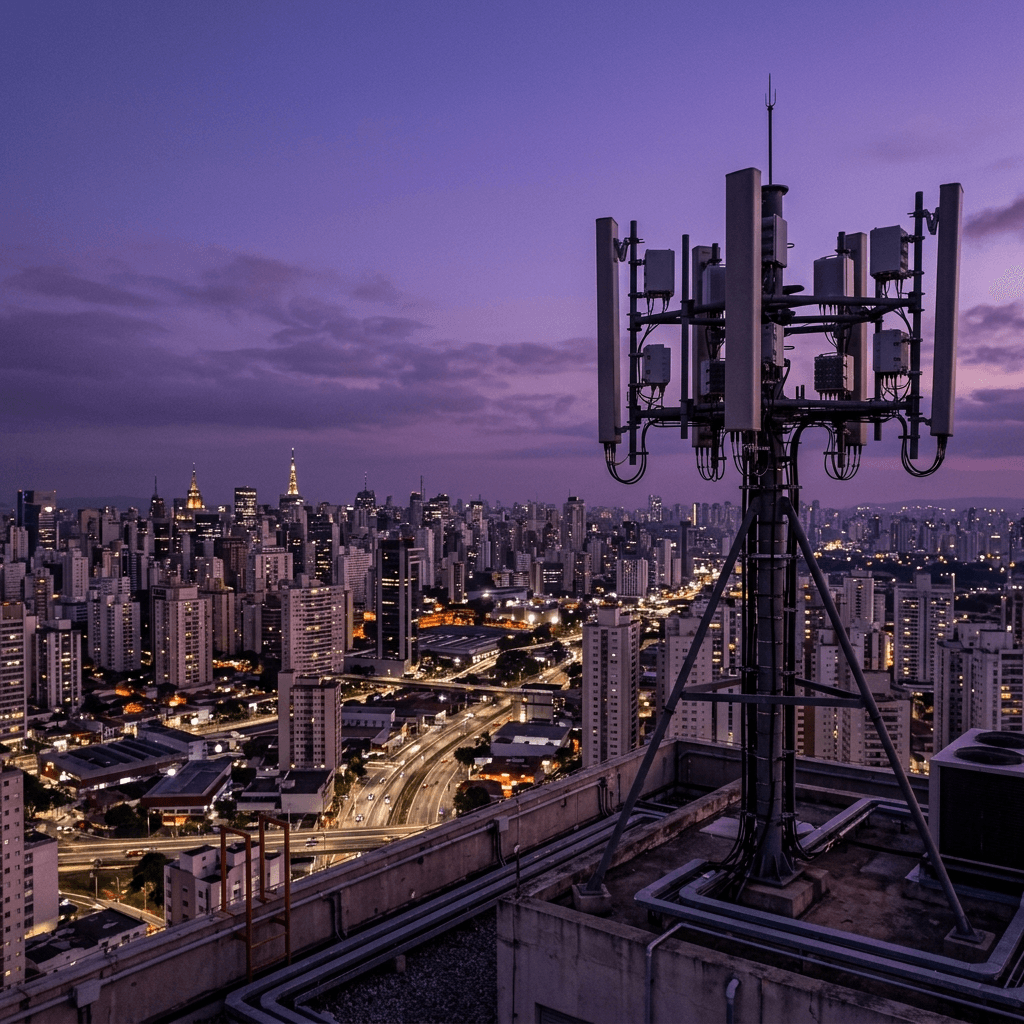 Torre de telefonia celular sobre uma grande cidade ao anoitecer