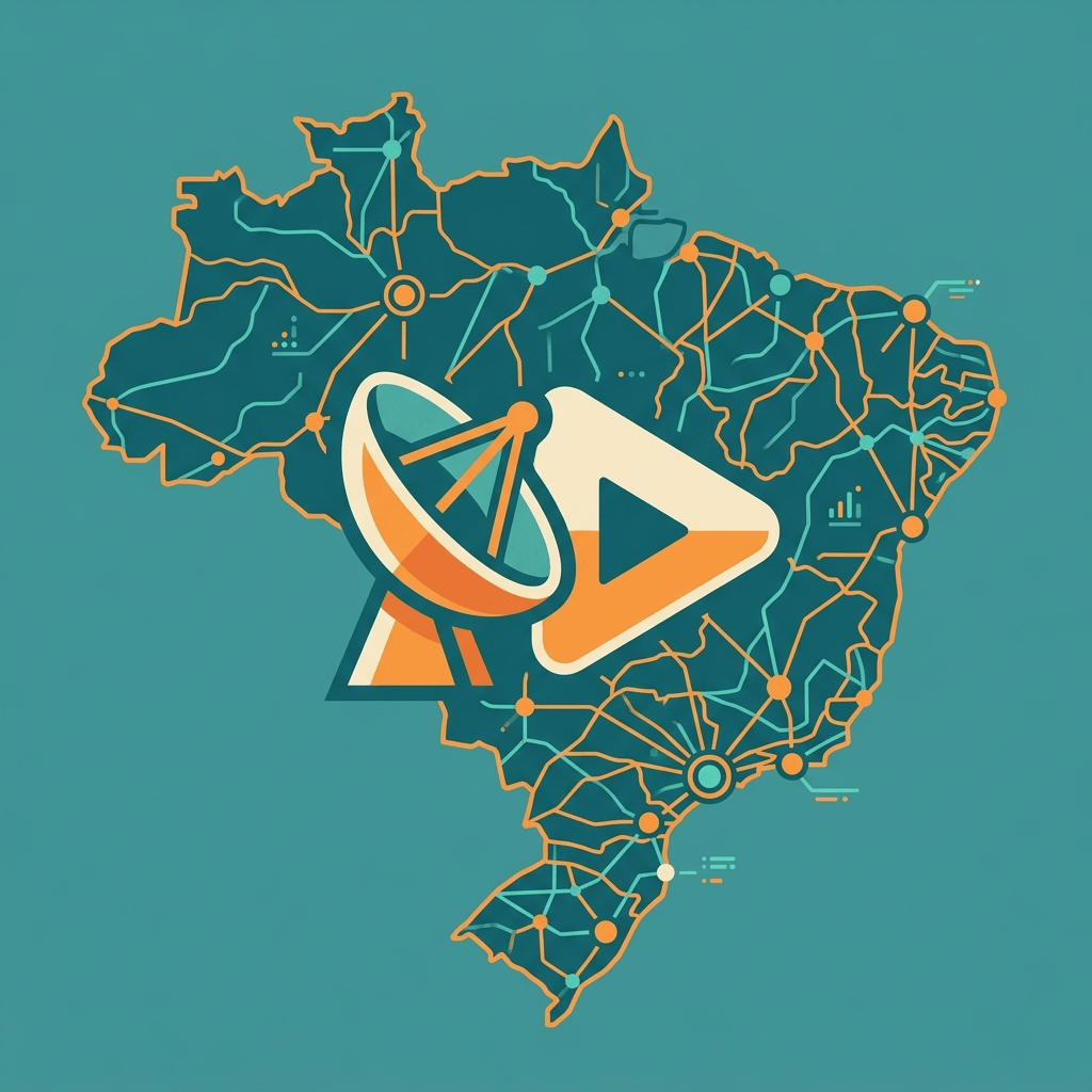 Ilustração conceitual de uma antena parabólica se fundindo a um botão de play sobre um mapa do Brasil