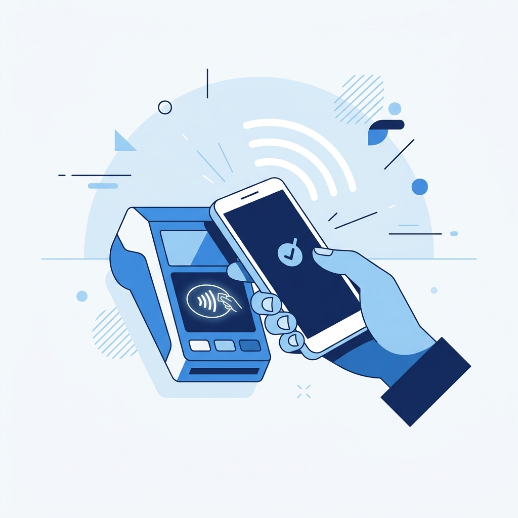Ilustração conceitual de um celular sendo aproximado de uma maquininha de cartão