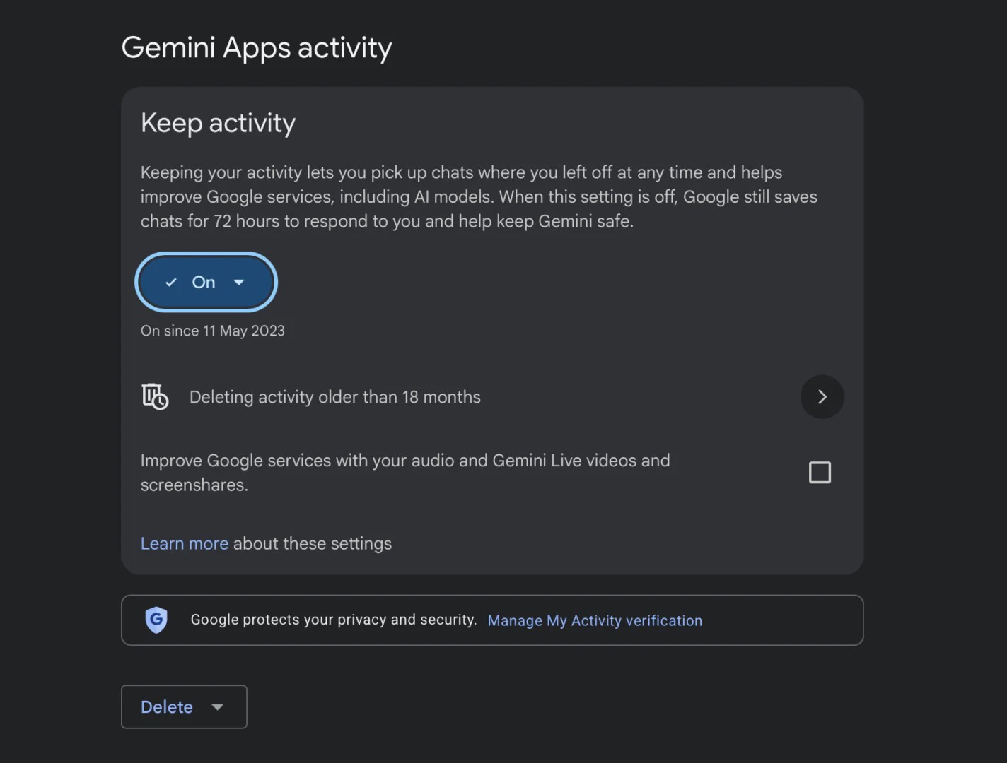 Configuração de histórico de atividades dos apps do Gemini