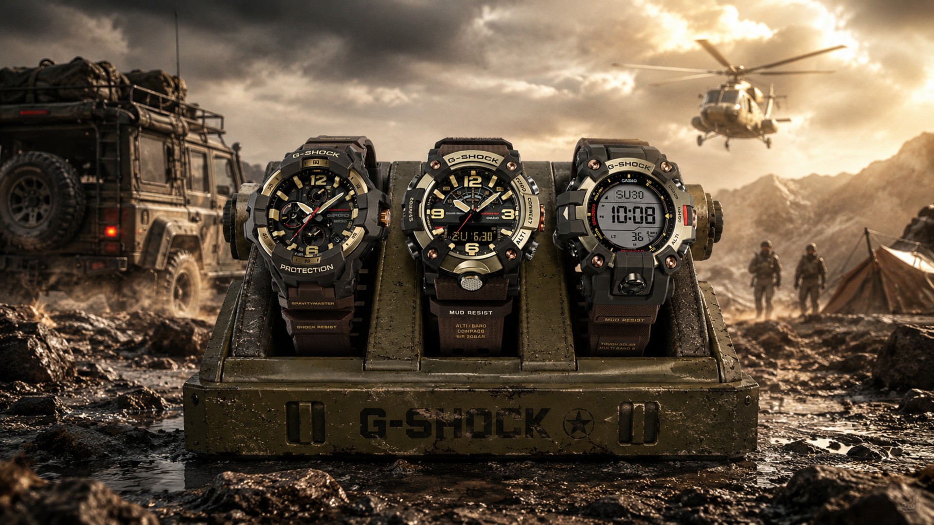 Coleção Horizon Gold em cenário de expedição, com os três relógios sobre um estojo militar