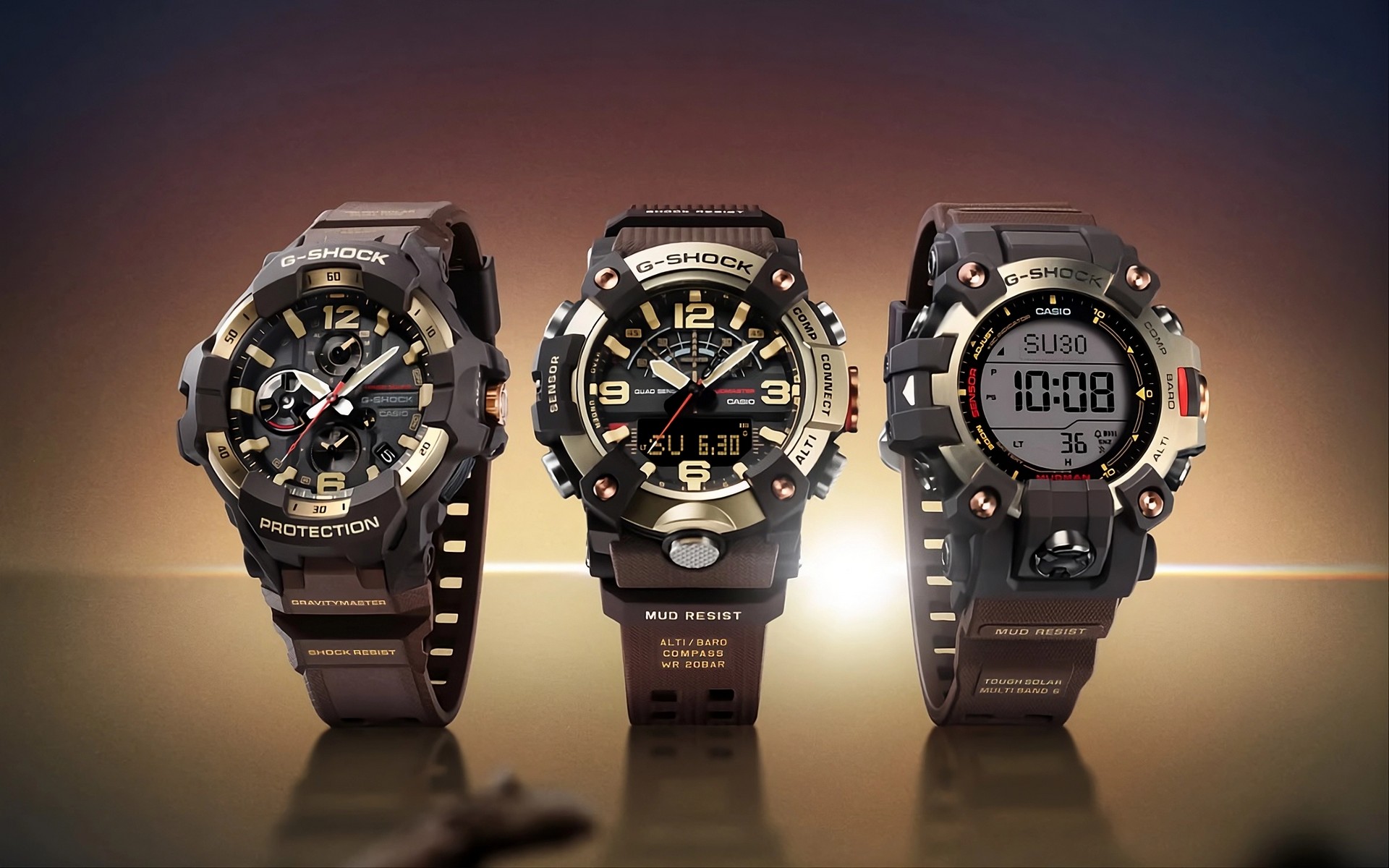 Casio leva G-Shock Horizon Gold aos EUA: Gravitymaster, Mudmaster e Mudman com moldura dourada