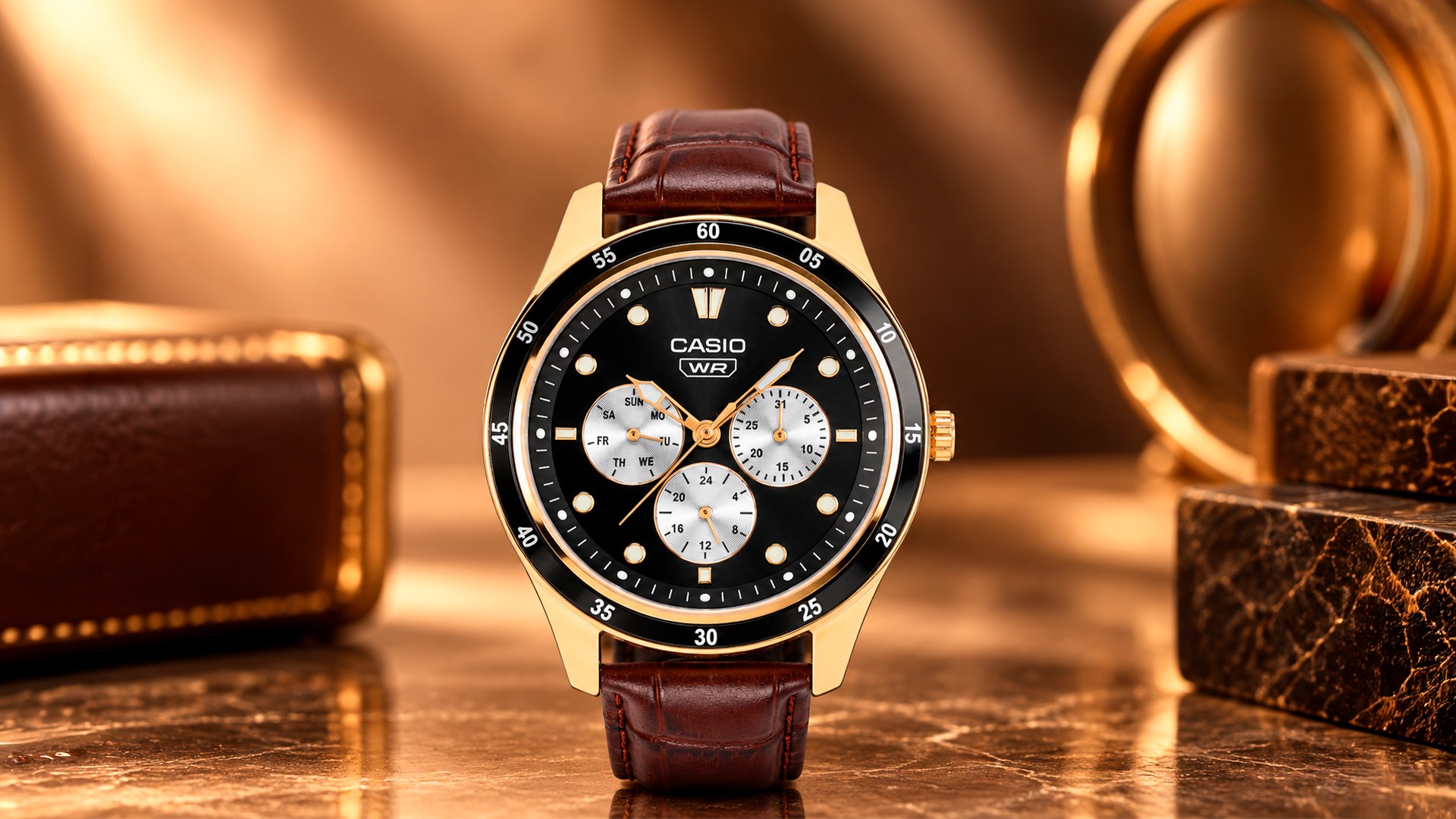 Casio MTP-SN4KRL-1A com pulseira de couro marrom e caixa dourada, em ambiente de estúdio