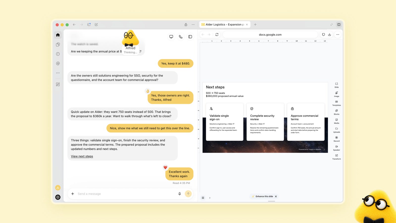 Interface do ChatGPT com agentes do Dots trabalhando em tarefas do usuário