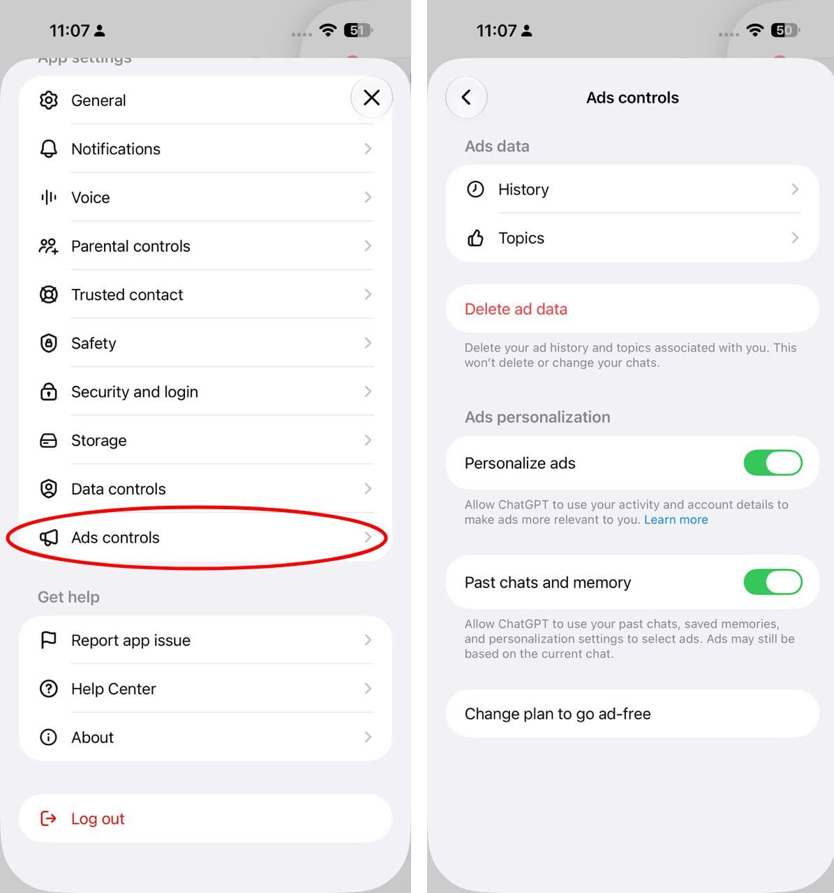 Tela de controles de anúncios nas configurações do ChatGPT