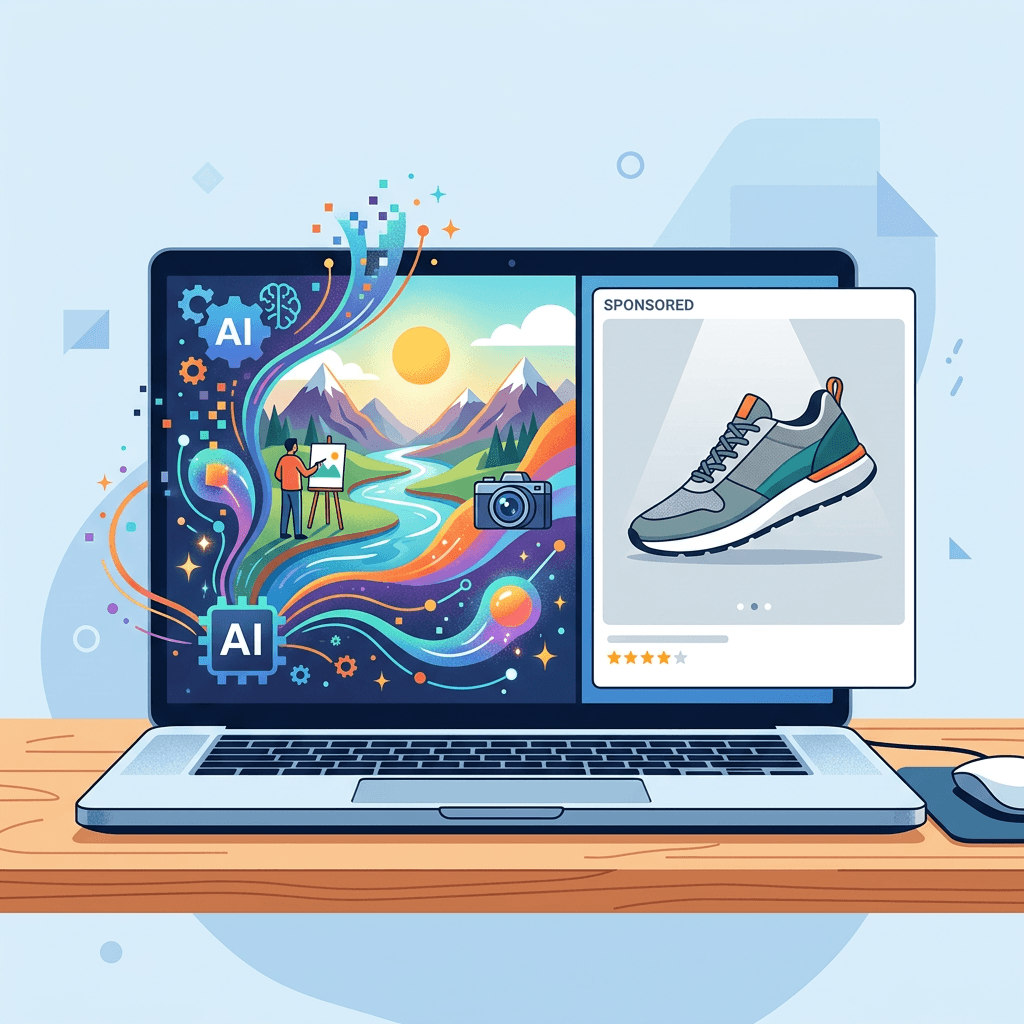 Ilustração de um notebook com uma imagem sendo gerada por IA e um painel patrocinado separado ao lado