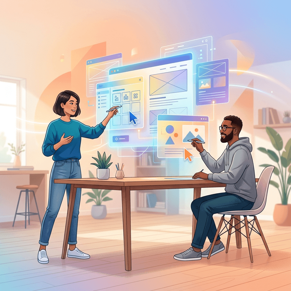 Ilustração de duas pessoas editando painéis de um site que flutuam no ar