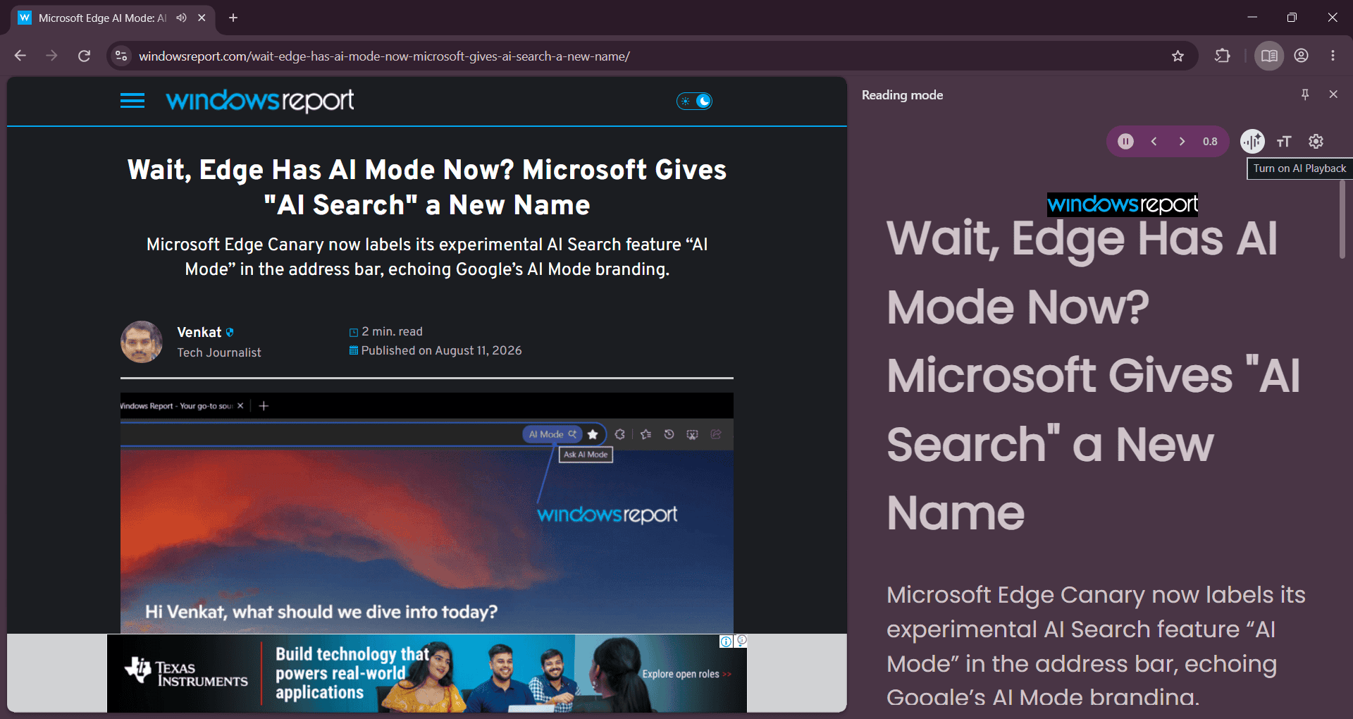 Interface do AI Playback no painel de Modo de Leitura do Chrome