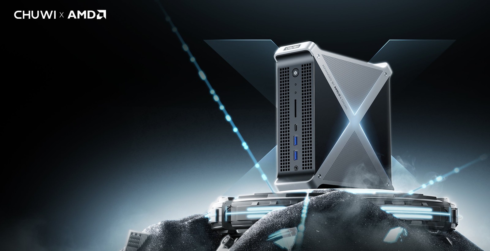 Render oficial do mini PC CHUWI UniBox AI495 Pro, desenvolvido em parceria com a AMD