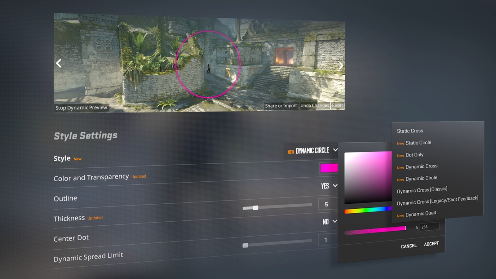 Novas opções de personalização de mira no CS2
