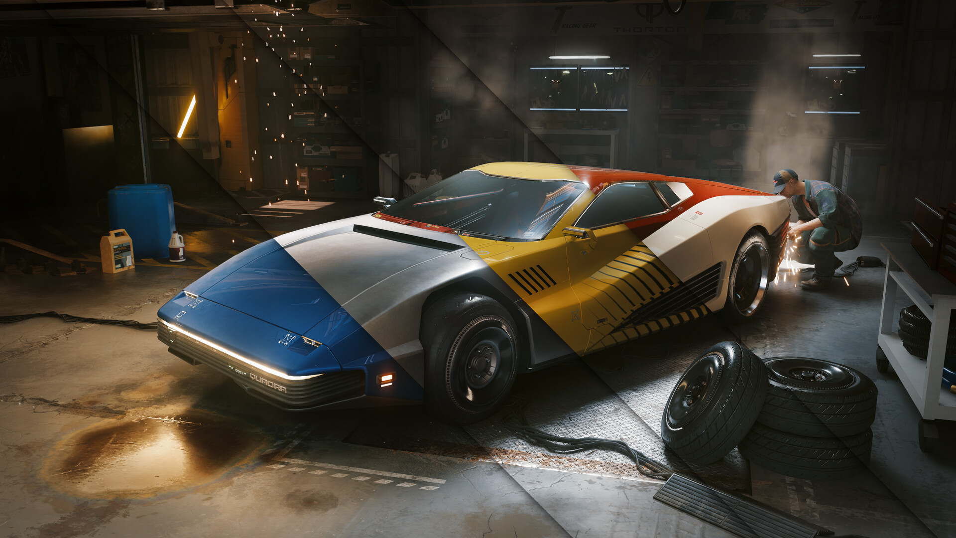 Johnny Silverhand e V dentro de um Porsche em cena de Cyberpunk 2077