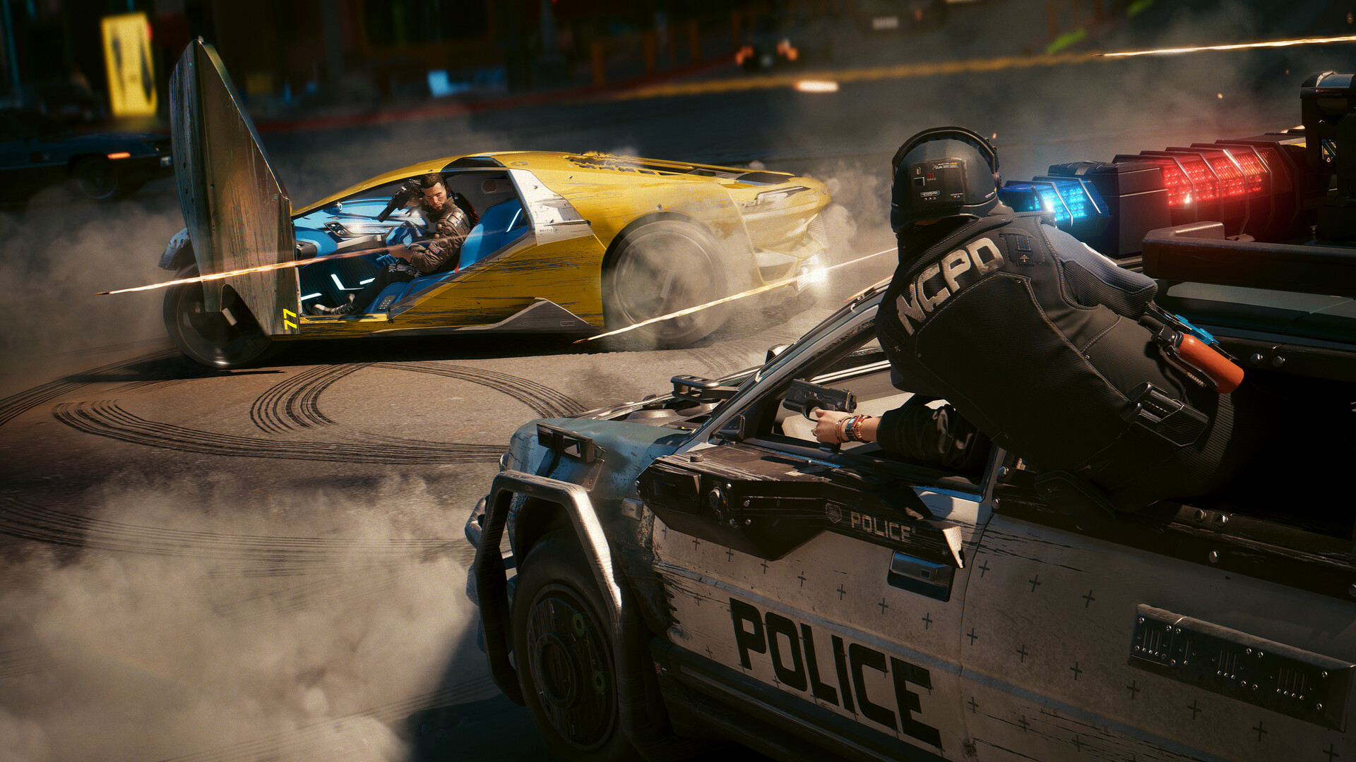 Carro de corrida em garagem de Night City, em Cyberpunk 2077