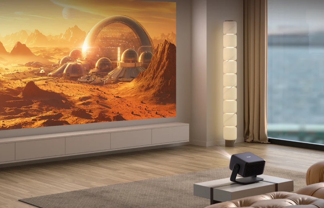 Projeção de uma paisagem de Marte em uma sala de estar, com o projetor Dangbei sobre a mesa