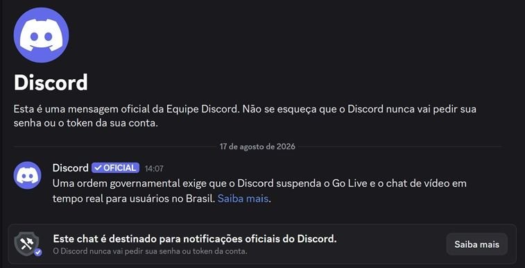 Mensagem oficial do Discord avisando usuários sobre a suspensão do Go Live e do chat de vídeo no Brasil