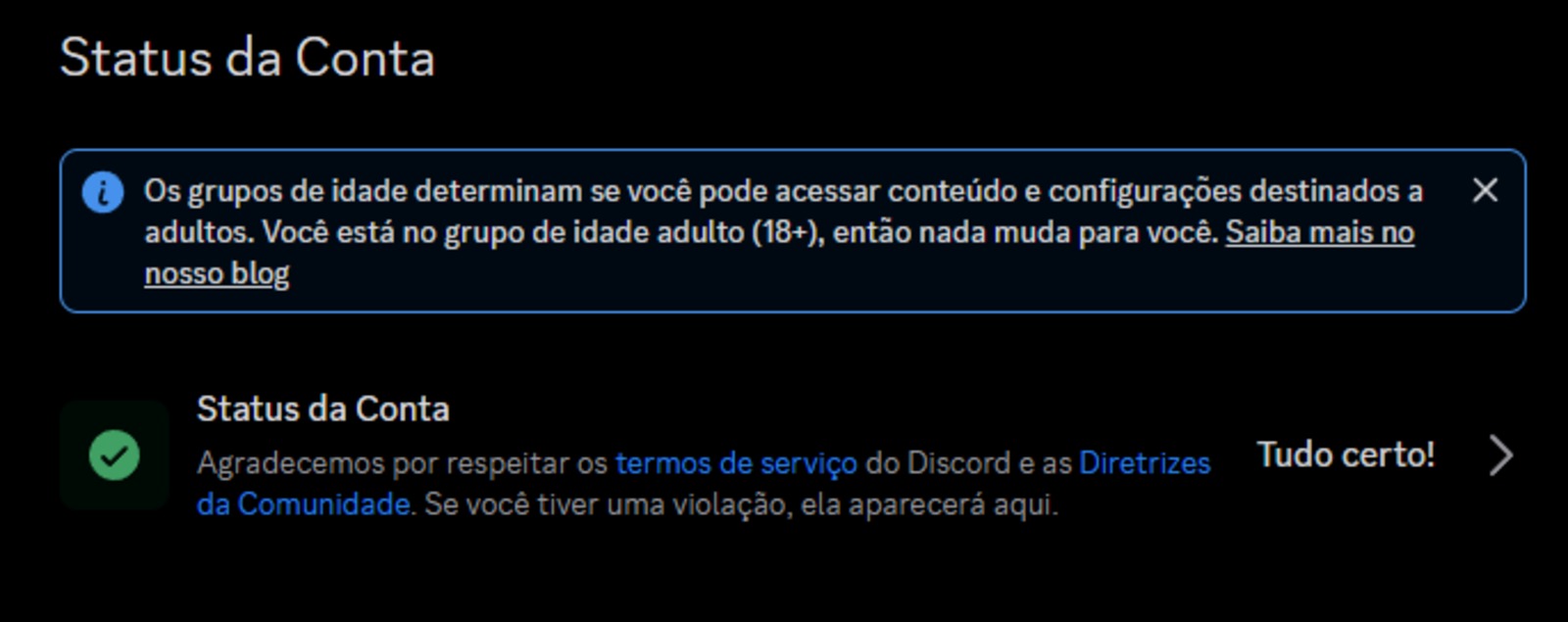 Tela de status da conta do Discord informando o grupo de idade do usuário