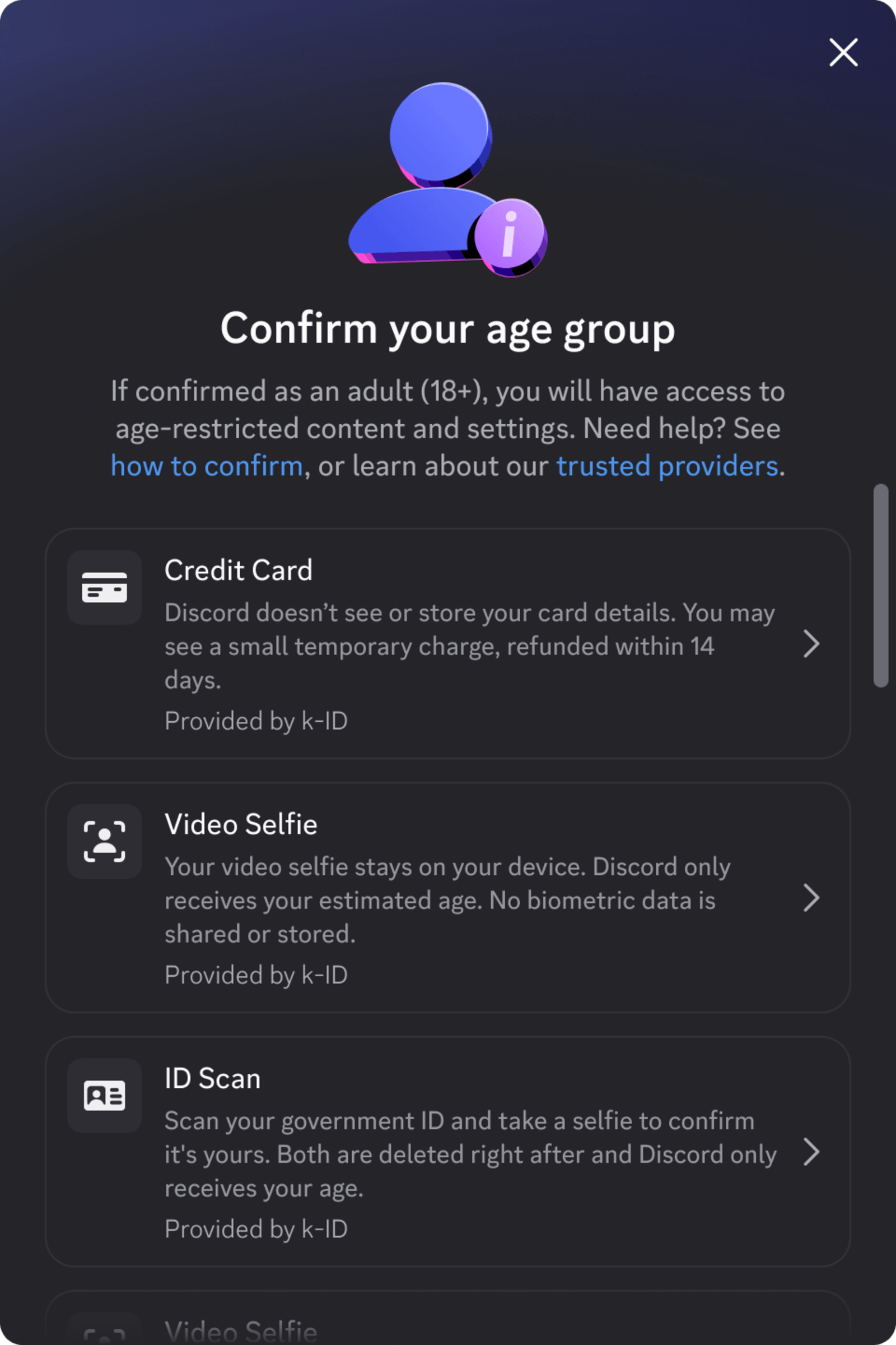 Opções para confirmar a idade no Discord, como cartão de crédito