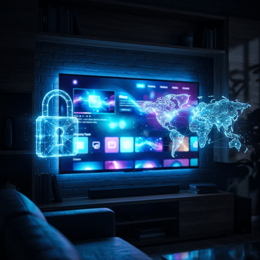 Ilustração conceitual de streaming em TV com cadeado e mapa-múndi