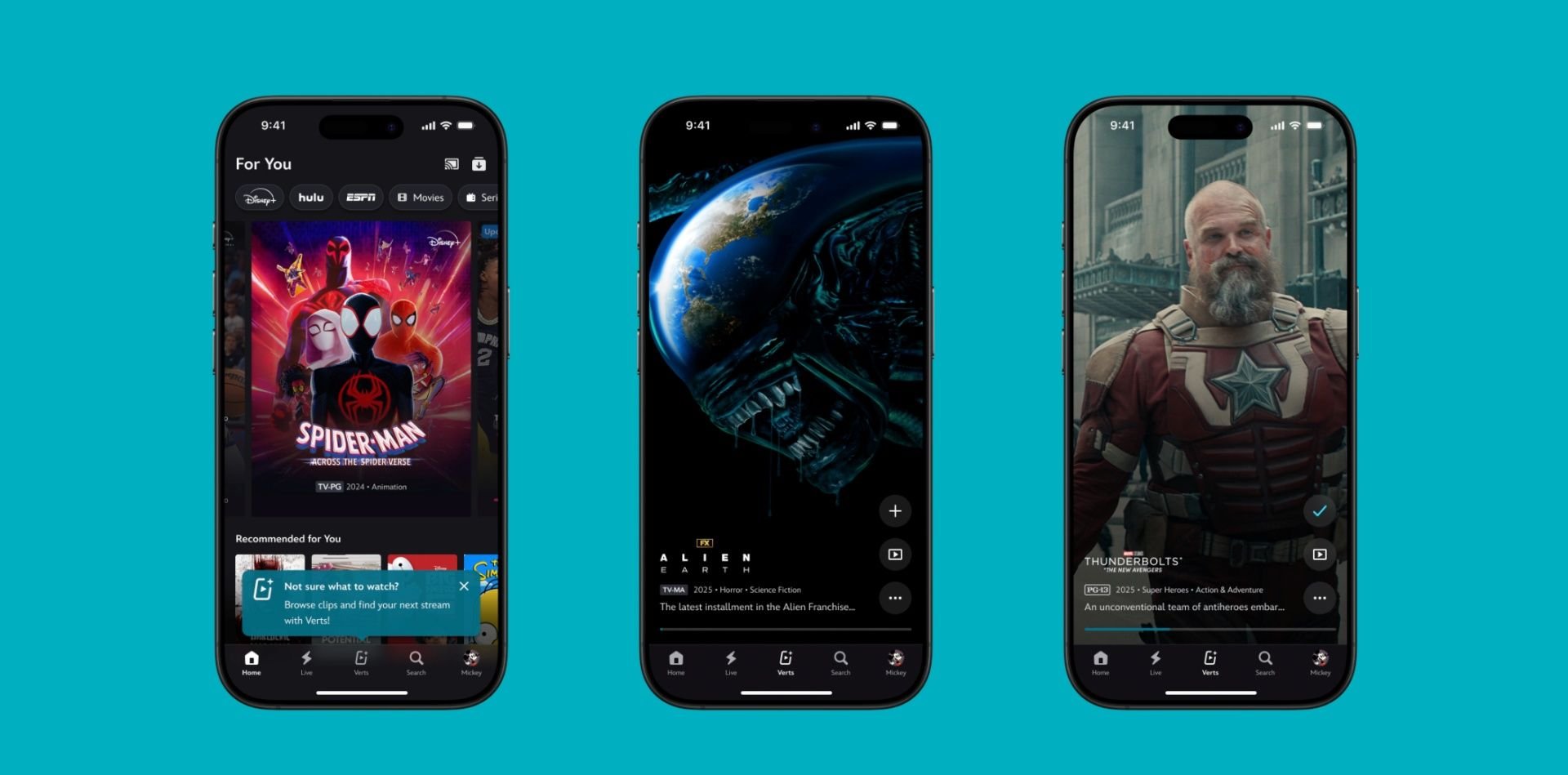 Interface do formato Verts no Disney+, com vídeos verticais de Homem-Aranha, Alien e Thunderbolts