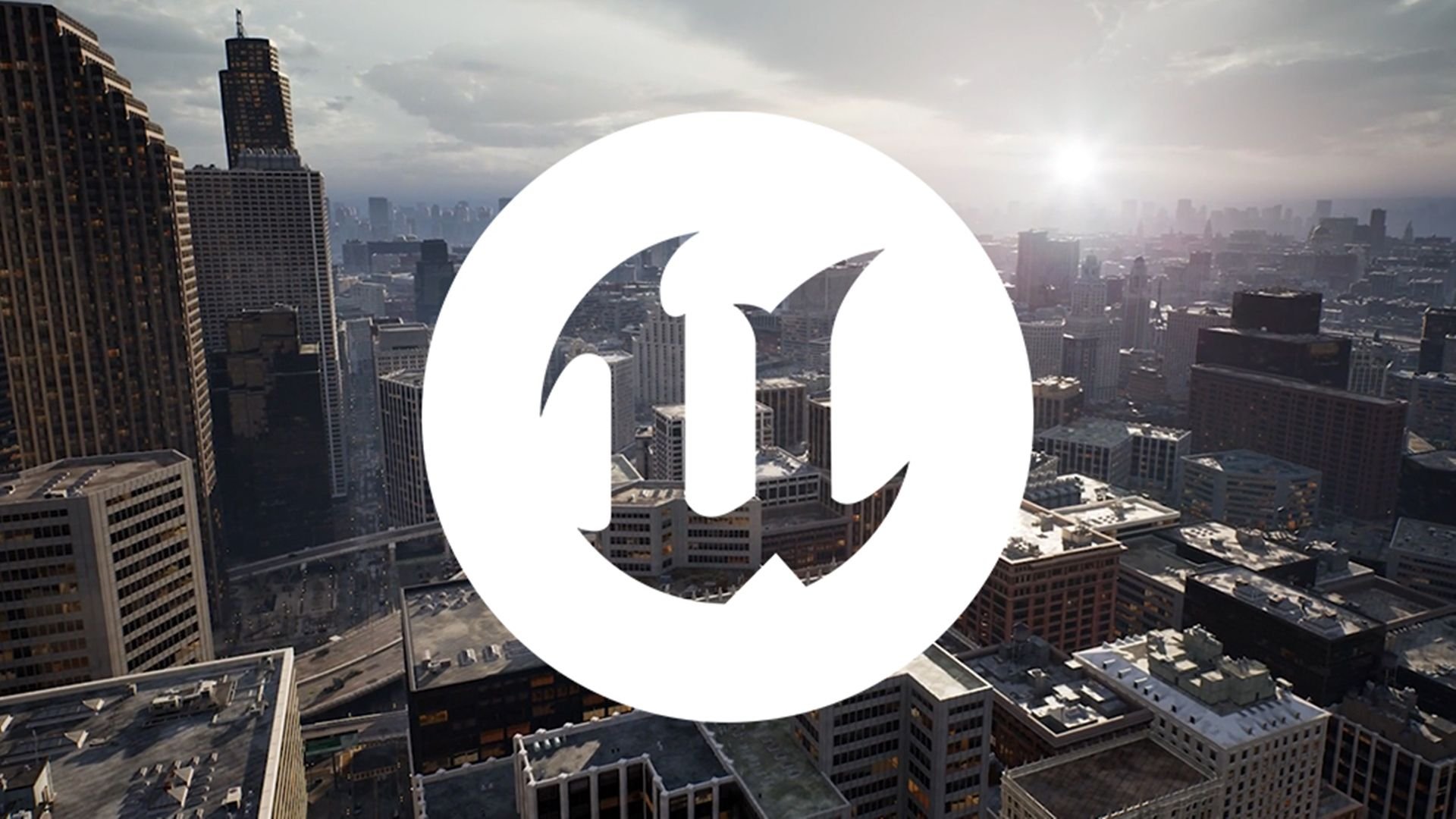 Logo da Unreal Engine sobre uma cidade renderizada