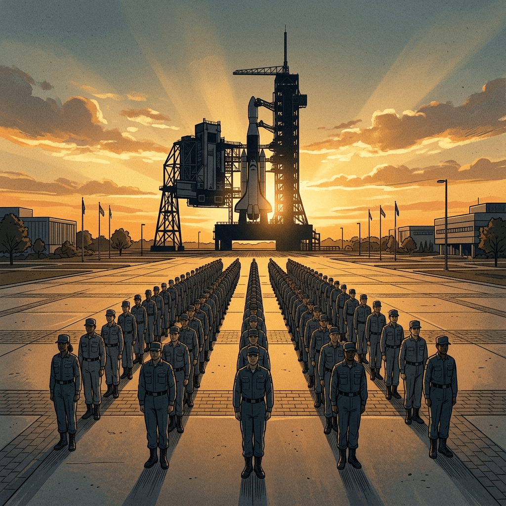 Ilustração conceitual de cadetes em formação diante de uma torre de lançamento ao amanhecer